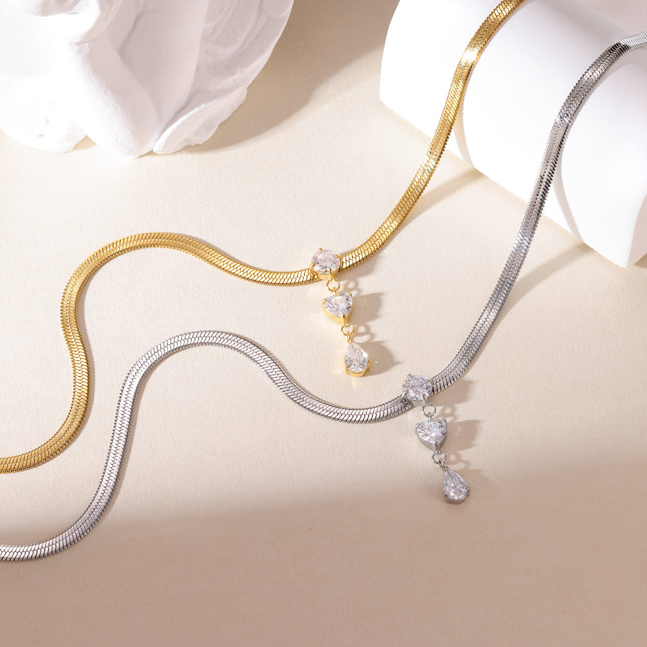 Triple CZ Snake Chain Stainless Steel Necklace