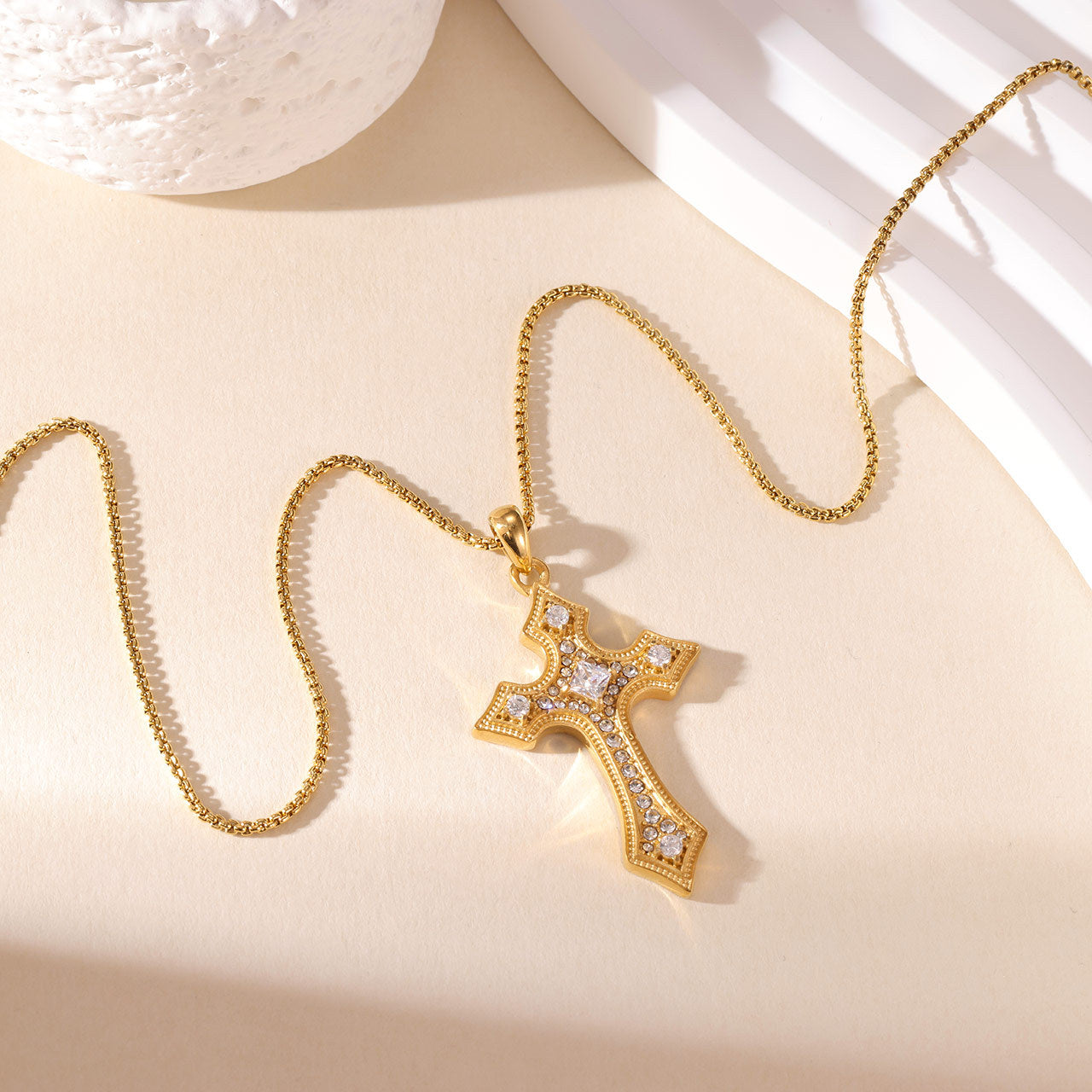 White Rhinestone Pavé-set Cross Pendant Stainless Steel Necklace