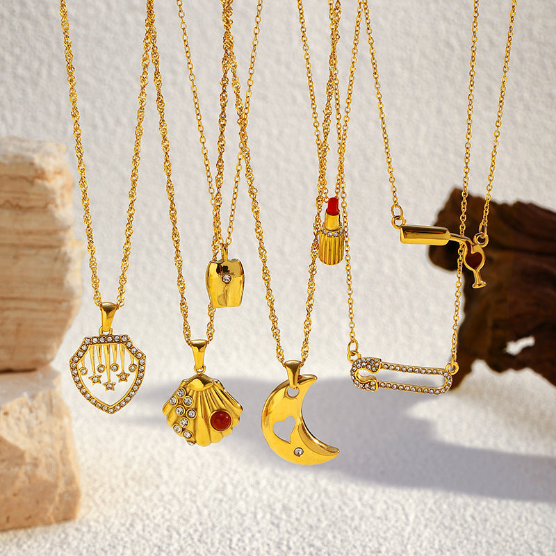 Hollow Shield & Star Pendant Stainless Steel Necklace