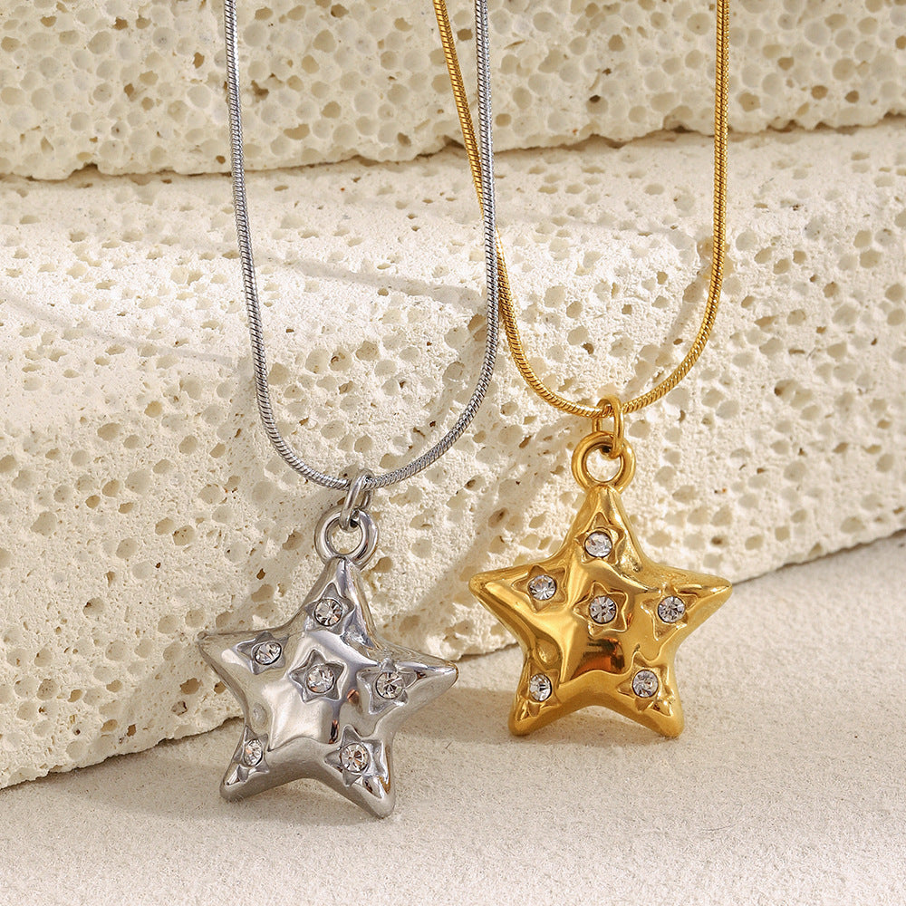 Star with Inlaid Rhinestones Pendant Stainless Steel Necklace