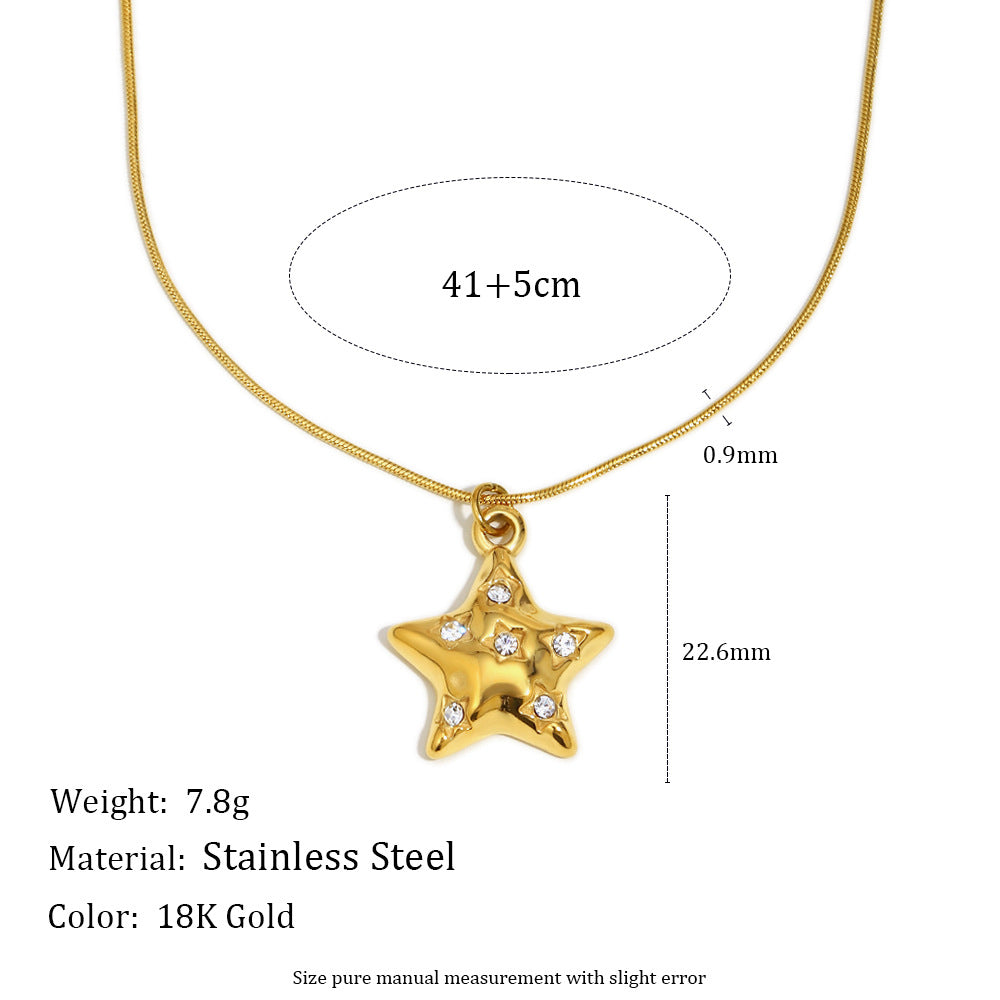 Star with Inlaid Rhinestones Pendant Stainless Steel Necklace