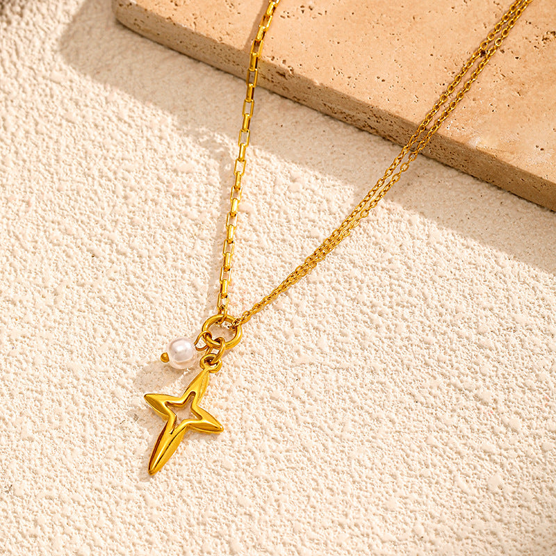 Cross and Pearl Pendant Stainless Steel Necklace