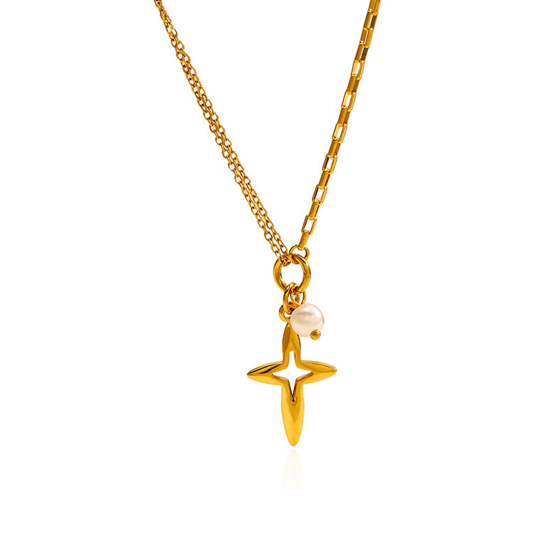 Cross and Pearl Pendant Stainless Steel Necklace