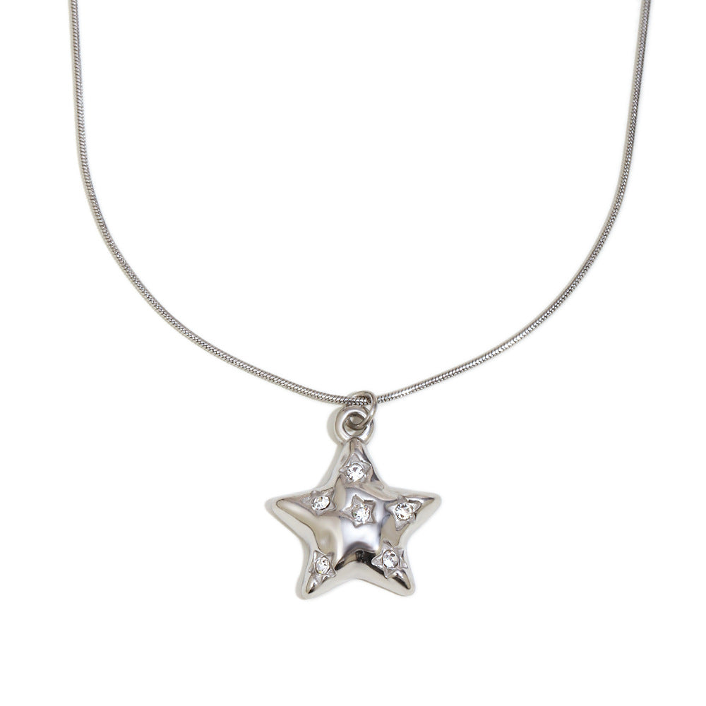Star with Inlaid Rhinestones Pendant Stainless Steel Necklace