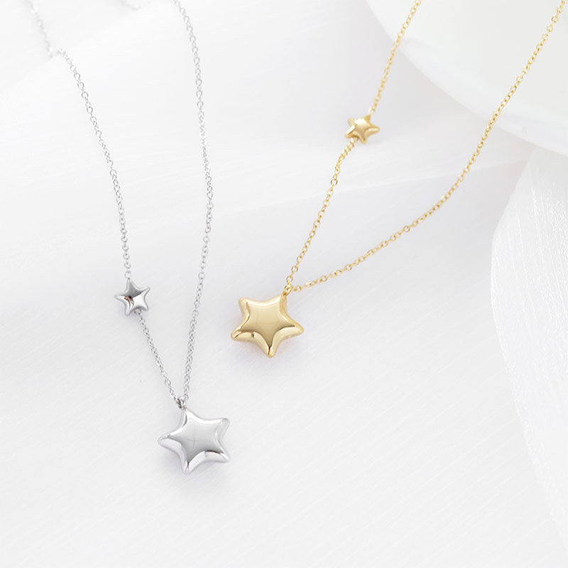 Rhinestone Double Star Pendant Stainless Steel Necklace