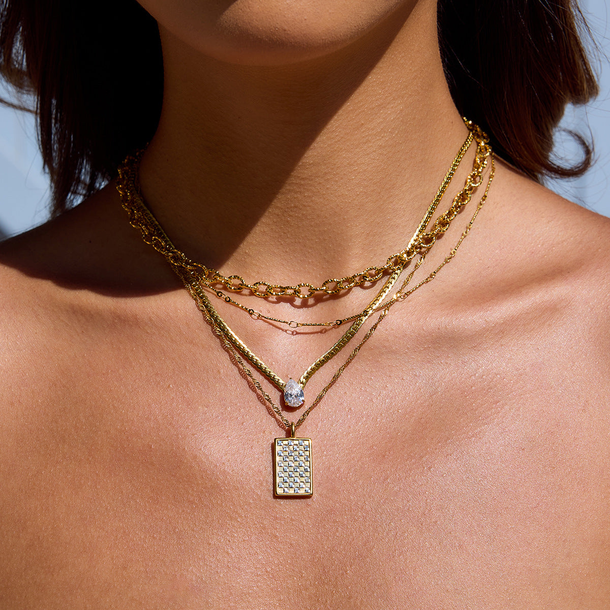 White Rhinestone Rectangle Stainless Steel Necklace