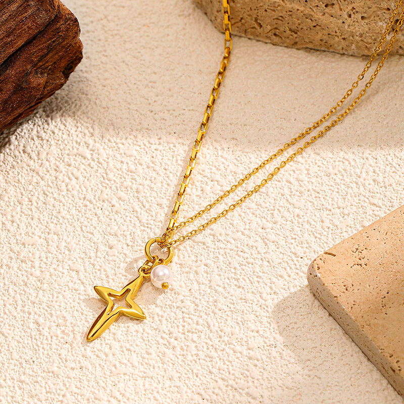 Cross and Pearl Pendant Stainless Steel Necklace