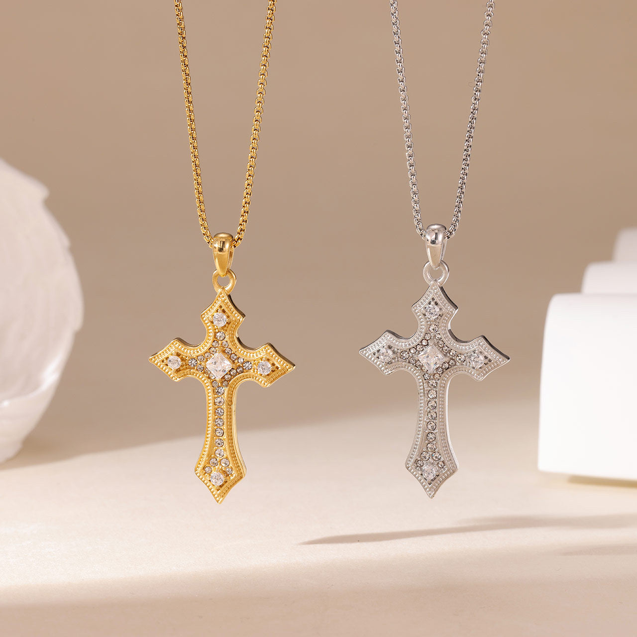 White Rhinestone Pavé-set Cross Pendant Stainless Steel Necklace