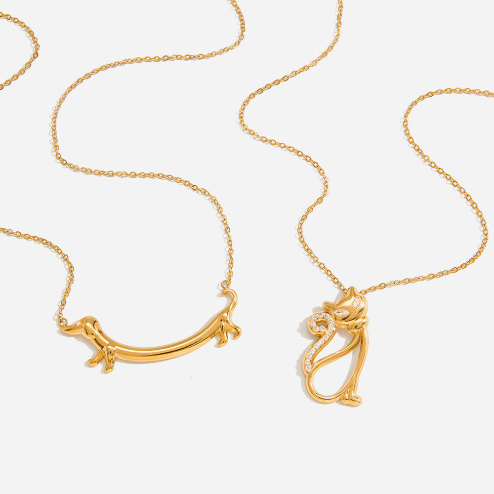 Rhinestone Linear Cat-Dog Dual Pendant Stainless Steel Necklace