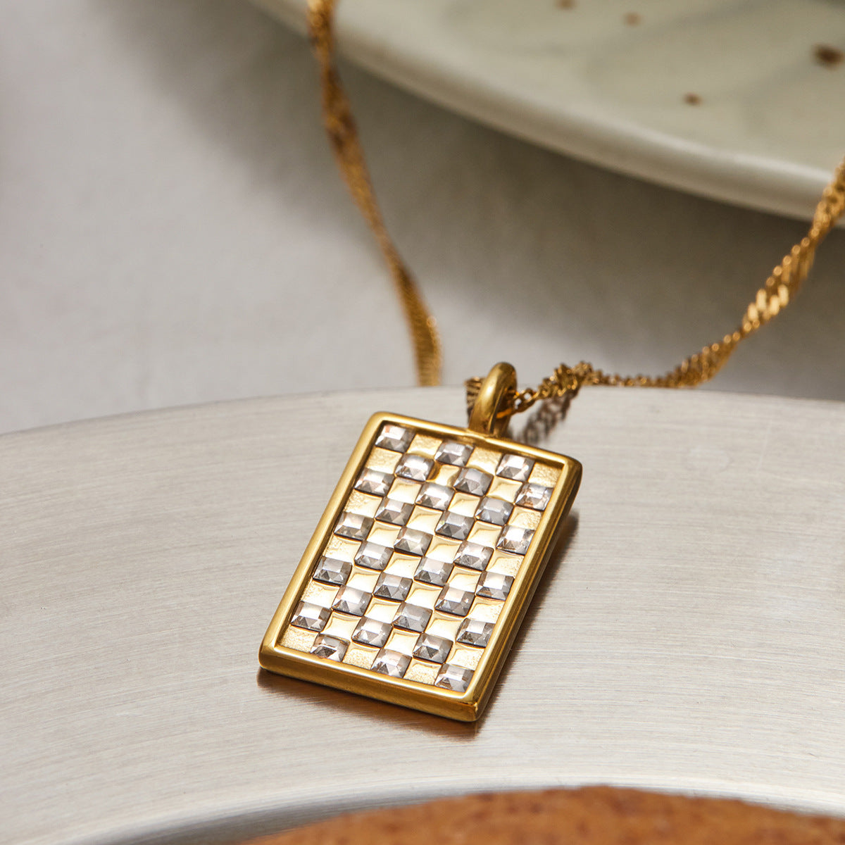 White Rhinestone Rectangle Stainless Steel Necklace