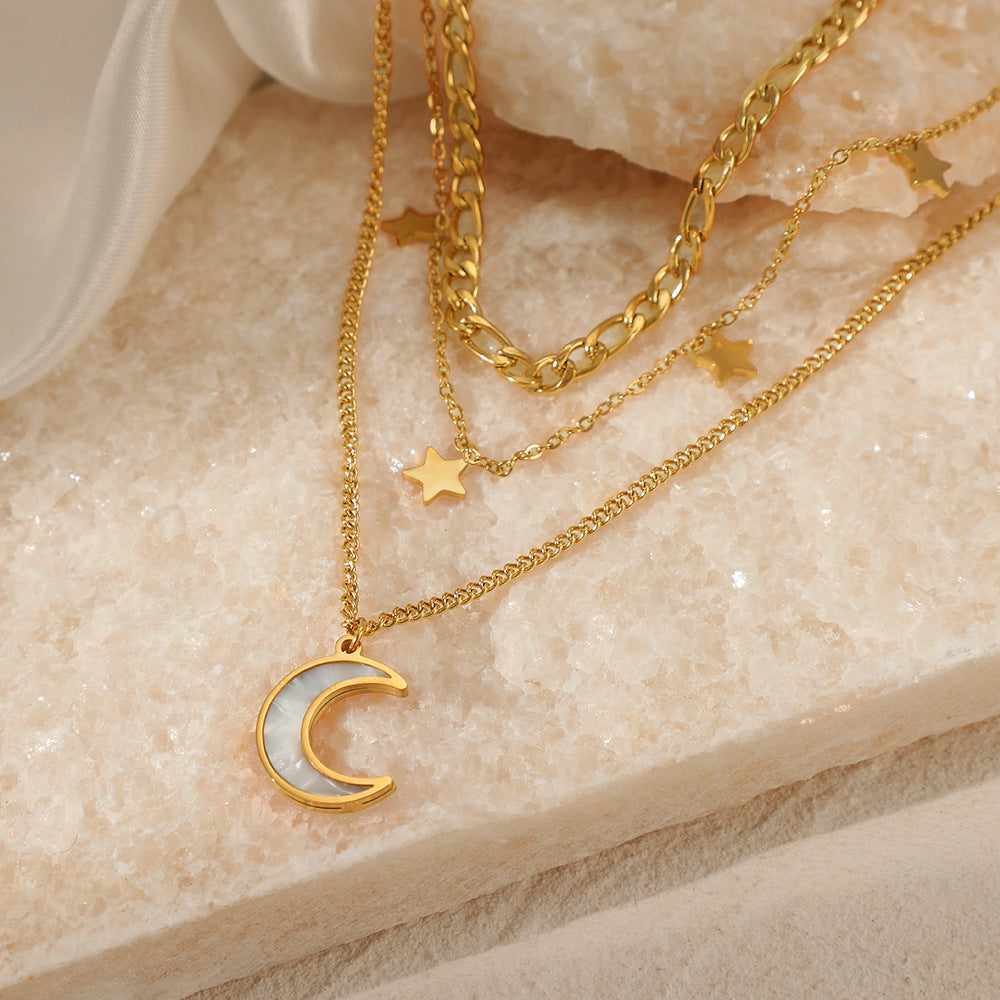 Triple Layered Star & Moon Stainless Steel Necklace