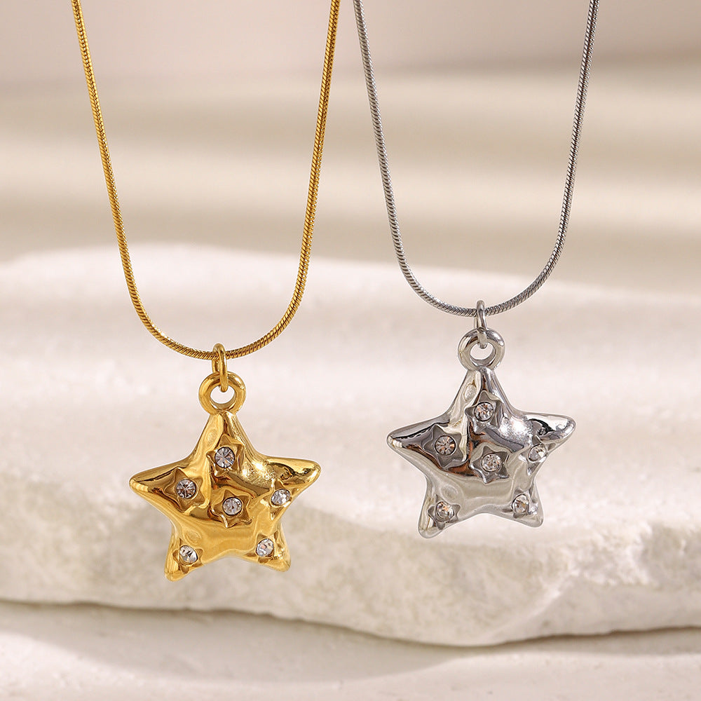 Star with Inlaid Rhinestones Pendant Stainless Steel Necklace