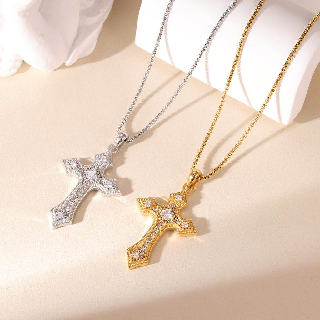 White Rhinestone Pavé-set Cross Pendant Stainless Steel Necklace