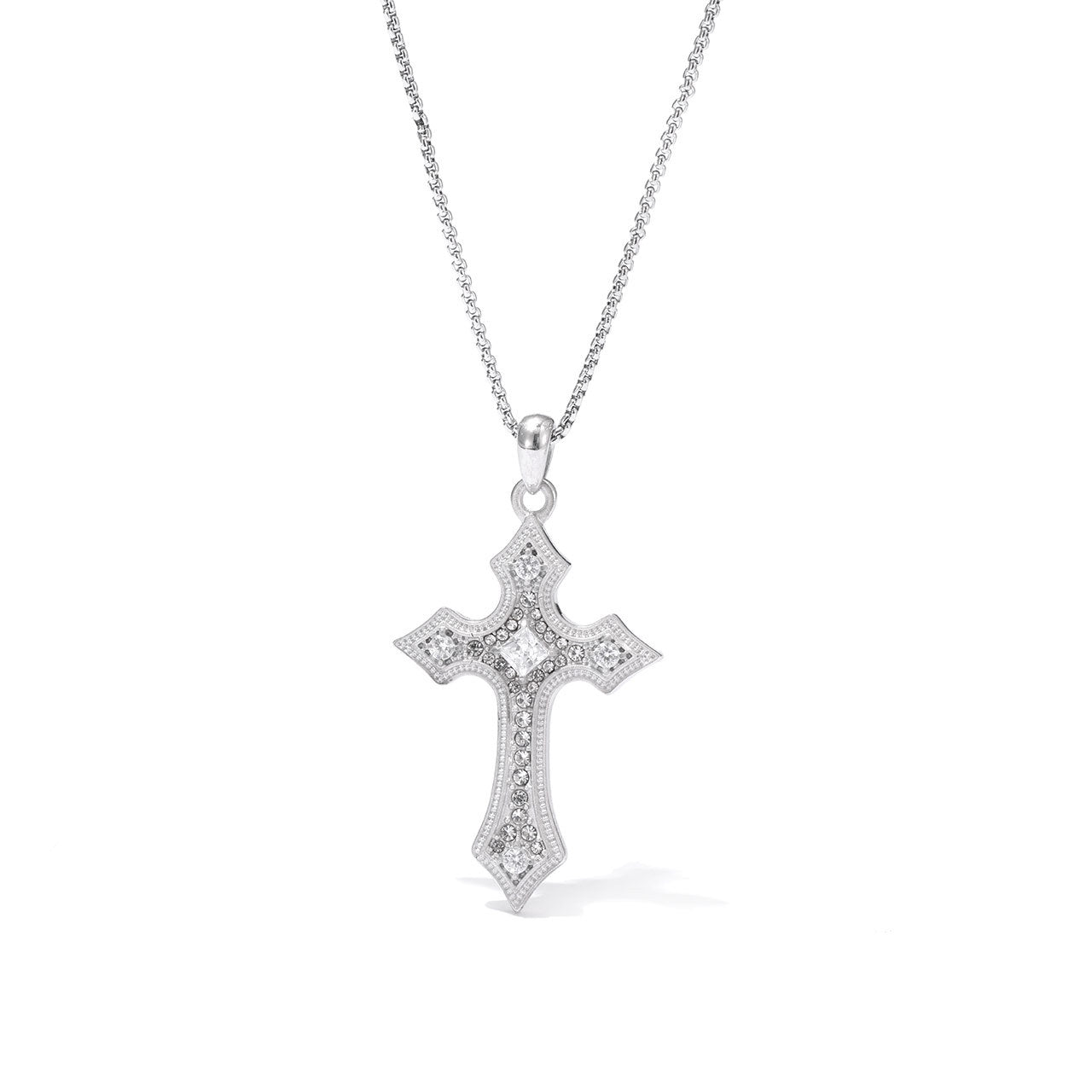 White Rhinestone Pavé-set Cross Pendant Stainless Steel Necklace