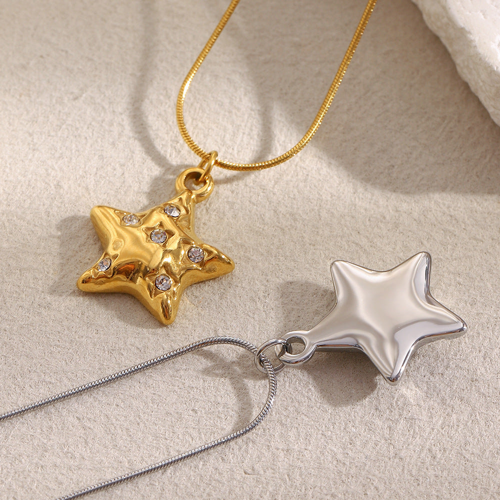 Star with Inlaid Rhinestones Pendant Stainless Steel Necklace