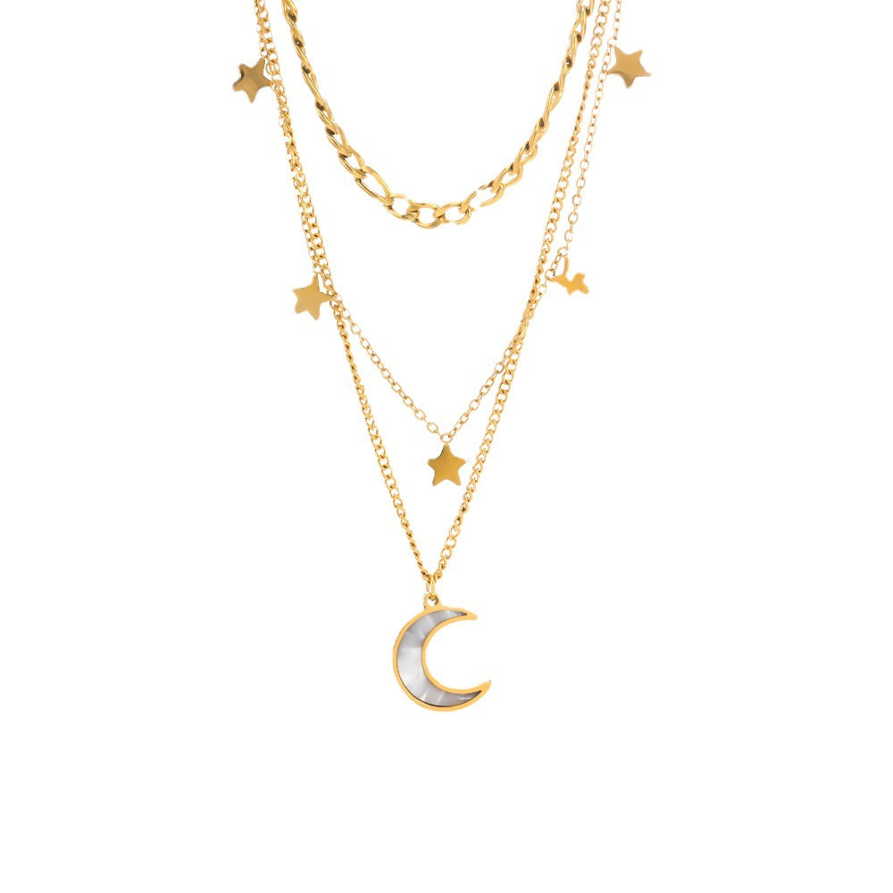 Triple Layered Star & Moon Stainless Steel Necklace