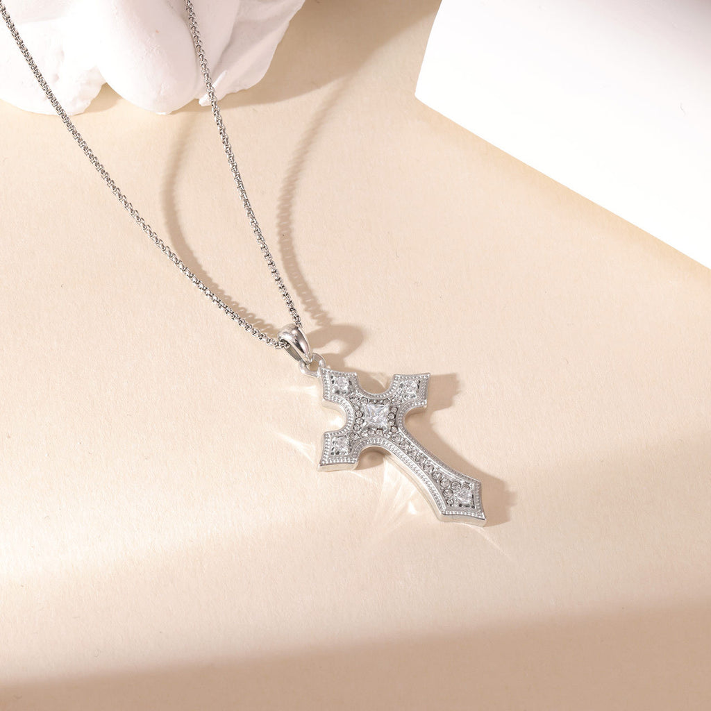 White Rhinestone Pavé-set Cross Pendant Stainless Steel Necklace