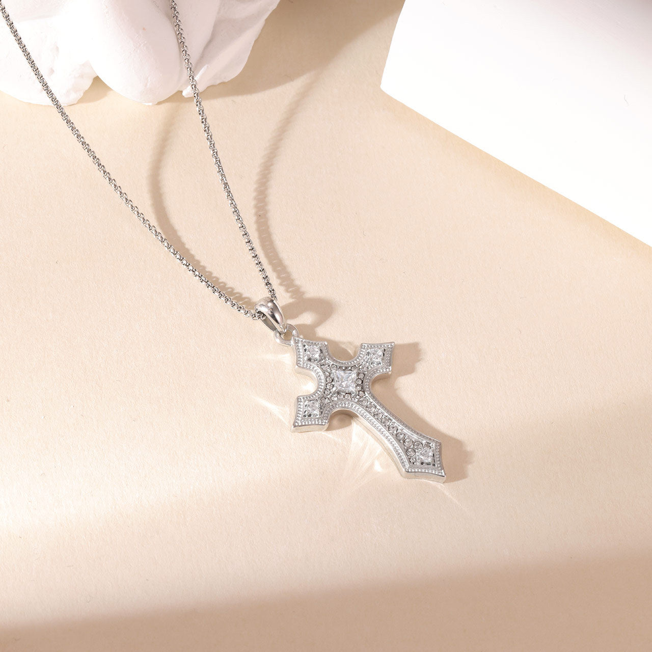 White Rhinestone Pavé-set Cross Pendant Stainless Steel Necklace